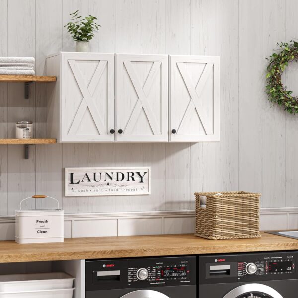 FIMELLO Wall Cabinet, Bathroom Wall Cabinet,Farmhouse Wall Mounted Cabinets for Kitchen Garage Laundry Storage, Medicine Cabinet with 3 Door and Shelves, Laundry Room Wall Cabinets,White