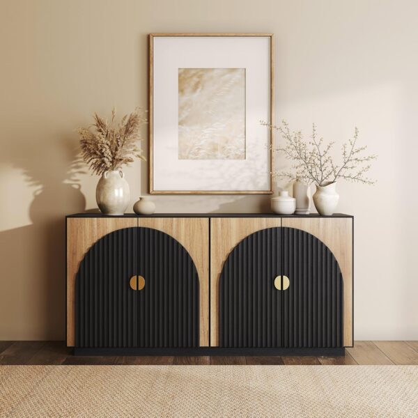 BELLEZE 65 Inch Fluted Buffet Cabinet with Storage, Symmetrical Arc Accent Sideboard Large Console Table for Dining Room, Kitchen, and Living Room (Camel)