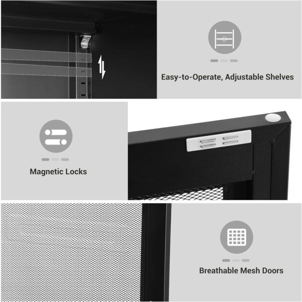 SONGMICS Metal Storage Cabinet with Mesh Doors, Steel Display Cabinets with Adjustable Shelves for Bathroom Home Office, Black UOMC002B01