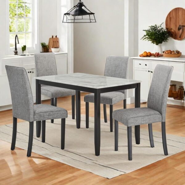 Dining Table Set,5-Piece Dining Set with a Faux Marble Tabletop Table & Four Upholstered Dining Chairs,Wooden Table & Chairs Set for 4 for Kitchen and Dining Room,Dark Espresso&Gray