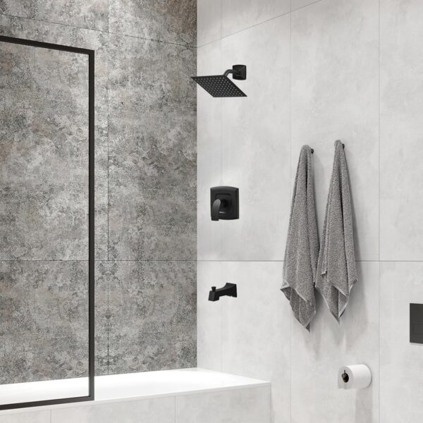 Tub Shower Faucet, Matte Black Shower Faucet Set with 8-Inch Square Rain Shower Head and Tub Spout, Brass Shower System Bathtub Shower Faucet Set Complete, Tub shower faucet set with valve