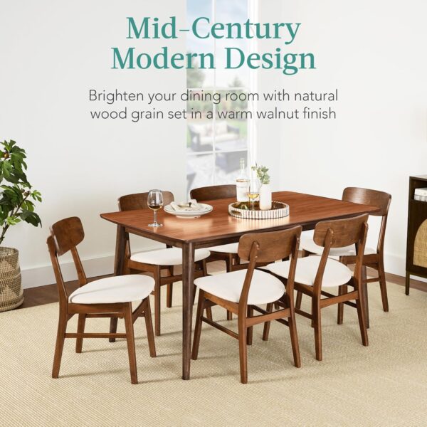 Best Choice Products 7-Piece Wooden Dining Set, Mid-Century Modern Table & Upholstered Chair Set w/ 6 Chairs, Rubberwood Legs - Walnut/Cream
