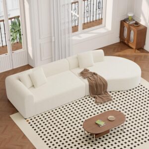 Modern Style Curved Sofa, Upholstery Corduroy Sofa Couch with 3 Pillows, Oversized Sleek Curved Sectional Boucle Fabric Couch for Living Room Cream White Beige