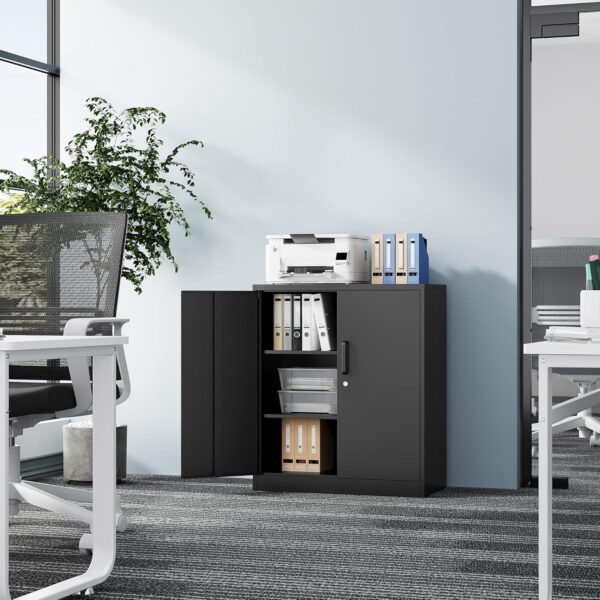 Metal Storage Cabinet-36” Tall Steel File Cabinets with Lockable Doors and Adjustable Shelves-Black Steel Storage Cabinet for Home, School, Office, Garage