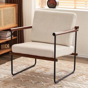29in Boucle Fabric Accent Chair for Living Room, Modern Lounge Chair for Bedroom, Upholstered Reading Armchair with Metal and Wooden Arms (Walnut)