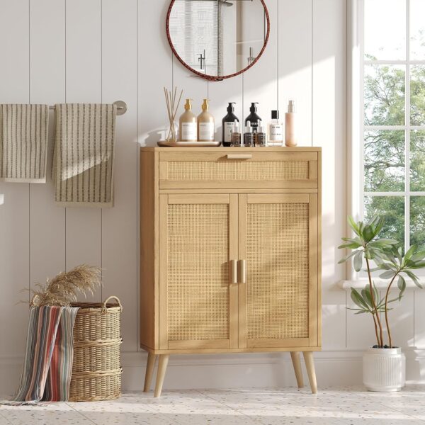 Rovaurx Accent Floor Storage Cabinet with Rattan Doors, Bathroom Cabinet with Large Drawer, Freestanding Storage Cabinet Organizer, Natural BMGZ107M