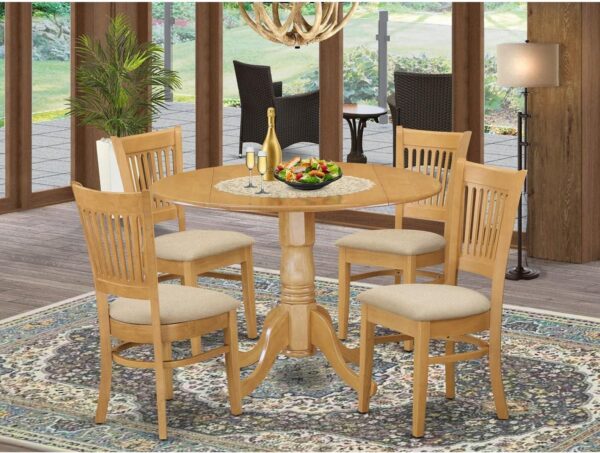 East West Furniture Dublin 5 Piece Kitchen Set Includes a Round Dining Room Table with Dropleaf and 4 Linen Fabric Upholstered Chairs, 42x42 Inch, DLVA5-OAK-C