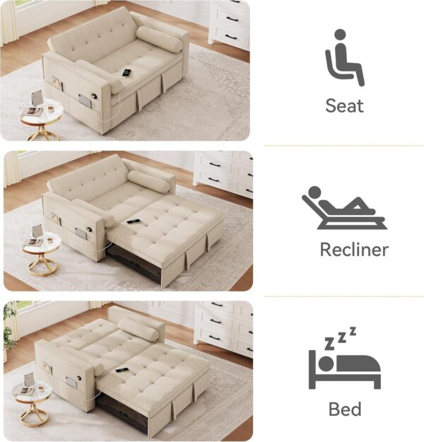 DWVO 3-in-1 Convertible Sleeper Sofa Bed, Folding Futon Couch with Pullout Bed, 5-Level Backrest, USB Ports, Storage Pockets, and Pillows, Modern Lounge Furniture for Living Room (Beige)