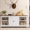 YITAHOME TV Stand for Living Room, Farmhouse Entertainment Center with Power Outlet for TVs up to 65 60 55 Inch, Rustic Media Console TV Cabinet with Open Shelves and Adjustable Shelf, White
