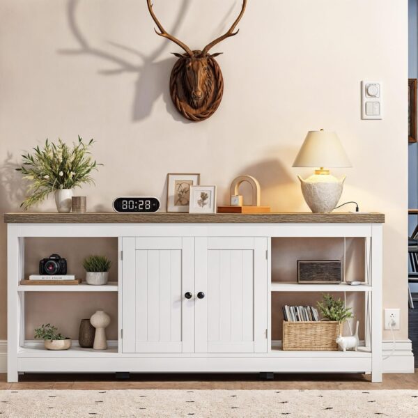 YITAHOME TV Stand for Living Room, Farmhouse Entertainment Center with Power Outlet for TVs up to 65 60 55 Inch, Rustic Media Console TV Cabinet with Open Shelves and Adjustable Shelf, White