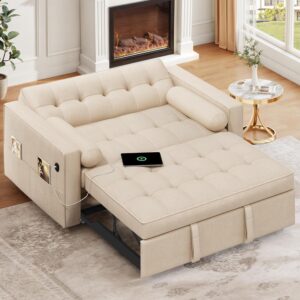 DWVO 3-in-1 Convertible Sleeper Sofa Bed, Folding Futon Couch with Pullout Bed, 5-Level Backrest, USB Ports, Storage Pockets, and Pillows, Modern Lounge Furniture for Living Room (Beige)
