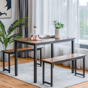 Moccha Dining Table Set for 4, 3-Piece Modern Breakfast Table Set with 2 Benches & Metal Frame, 43.5" Wood Kitchen Table Set, Space-Saving Dinette Set for Small Spaces, Dining Room, Rustic Brown