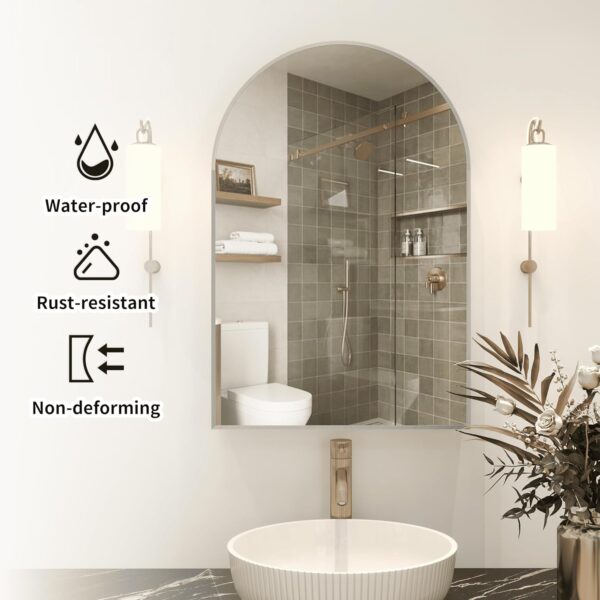 Silver Medicine Cabinet with Mirror, Bathroom Arched Medicine Cabinet Wall Mounted, Modern Vanity Mirror with Storage, Mirrored Cabinet with Adjustable Shelves, Not Recessed, 24x36 Inch