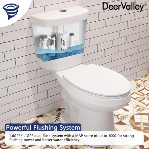 DeerValley Elongated Two-Piece Toilets for Bathrooms, ADA Height 17.5" Comfort Chair Height Toilet Bowl With Soft Close Seat, Dual Flush Toilet 1.1/1.6 GPF and MaP 1000g, 12” Rough in White Toilet
