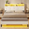 LED Full Bed Frame with Type-C & USB Charging Station, Full Size Bed Frame with Storage Headboard, Modern Velet Upholstered Platform Bed with Shelf Headboard, Noise-Free, Creamy White