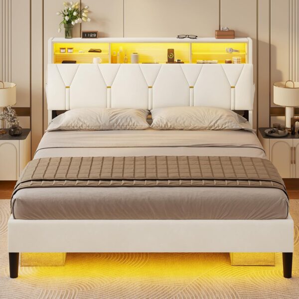 LED Full Bed Frame with Type-C & USB Charging Station, Full Size Bed Frame with Storage Headboard, Modern Velet Upholstered Platform Bed with Shelf Headboard, Noise-Free, Creamy White