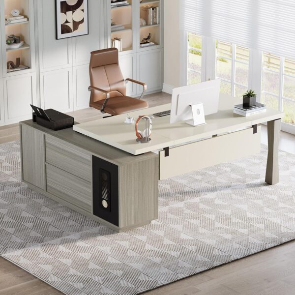 Tribesigns 78.7-Inch Executive Desk, L-Shaped Desk with Cabinet, Large Office Desk with Storage Shelves, Writing Table Desk Business Furniture Set for Home Office, Gray and Cream White