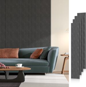 4 Pack Acoustic Wood Wall Panels, 94.5"x 8" Each Soundproof Wood Panel, 3D Fluted Wood Slat Paneling for Wall and Ceilings - Dark Gray