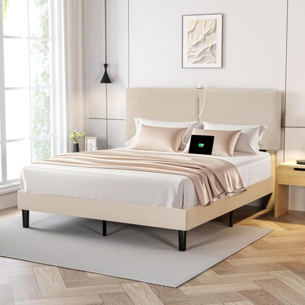 VECELO Queen Bed Frame with Type-C & USB Ports, Upholstered Platform Height-Adjustable Cotton and Linen Headboard, No Box Spring Needed, Noise-Free, Easy Assembly, Beige