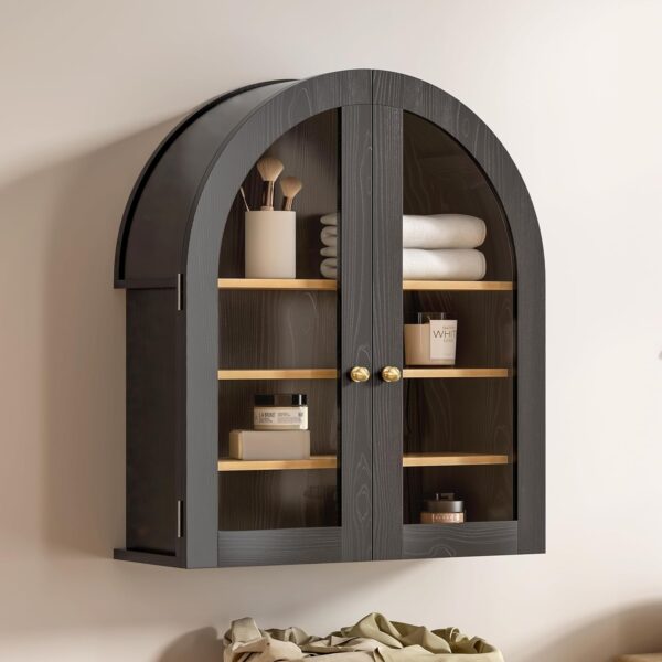 Arched Wall Cabinet, Modern Medicine Cabinet Wall Mounted Cupboard, Farmhouse Bathroom Storage Cabinet with Glass Door & Adjustable Shelf, Wooden Organizer for Kitchen (Black-Oak)