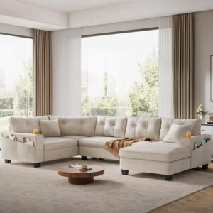 YITAHOME Oversize U-Shaped Sofa with Cup Holders, Cat Scratch-Proof Fabric Sofa Couch with Deep Seat and Wide Armrest, Modern 6-Seater Sectional Couch for Living Room Office Apartment, Beige