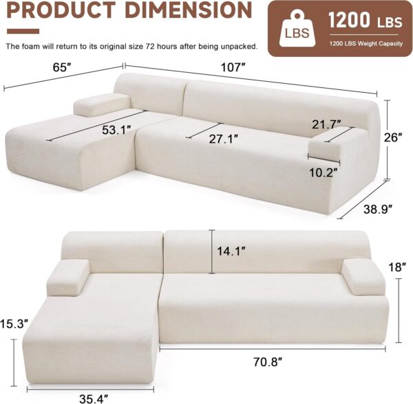 107" Modular Sectional Sofa, Sponge Sectional Sofa Couch for Living Room, High Density Sponges Cloud Couch,Modular L-Shape Sofa Couch with Chaise, (Beige)