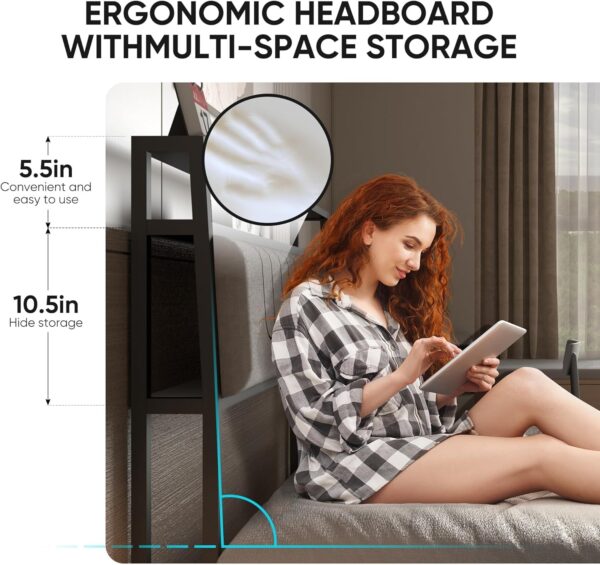 Full Bed Frame with LED Lights, Metal Platform Frame Upholstered Headboard, Charging Station, Storage Shelves, Heavy Duty Metal Slats, No Box Spring Needed, Noise Free, Easy Assembly, Black
