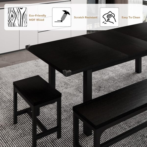 iPormis 5-Piece Dining Table Set for 4-8 People, Extendable Kitchen Table Set with 2 Benches and 2 Square Stools, Mid-Century Dining Room Table with Metal Frame & MDF Board, Saving Space, Black