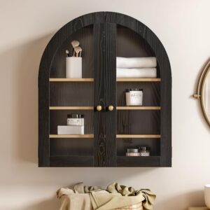 Arched Wall Cabinet, Modern Medicine Cabinet Wall Mounted Cupboard, Farmhouse Bathroom Storage Cabinet with Glass Door & Adjustable Shelf, Wooden Organizer for Kitchen (Black-Oak)