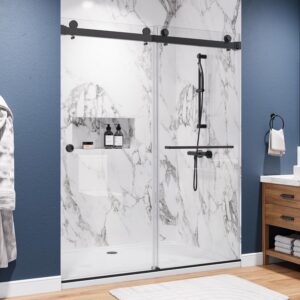 55-59" W x 72" H Frameless Shower Door Double Sliding Bathroom Door, Reversible Door Installation, Clear Tempered Glass, 304 Stainless Steel, Matte Black