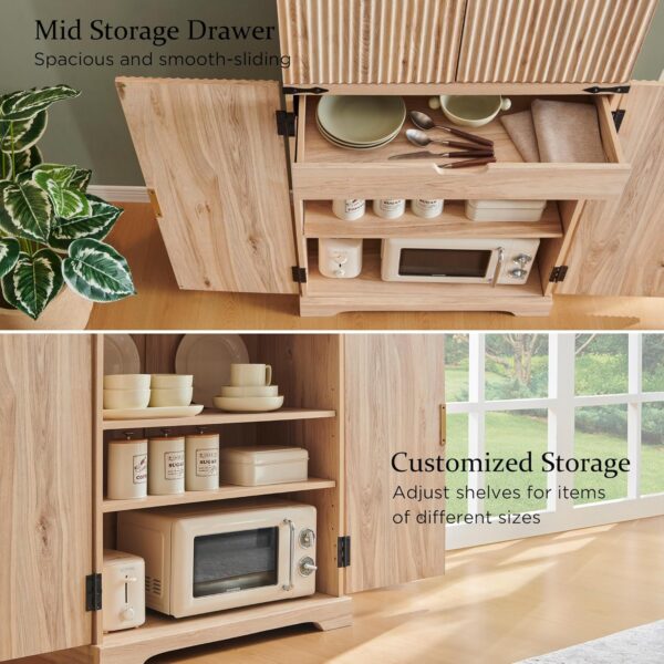 Fluted Pantry Cabinet, 72" Tall Modern Storage Cabinet with 4 Doors, Organizer, Drawer and Adjustable Shelves, Wood Cupboard for Kitchen, Dining Room, Living Room and Bathroom, Natural Oak