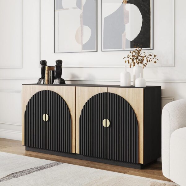 BELLEZE 65 Inch Fluted Buffet Cabinet with Storage, Symmetrical Arc Accent Sideboard Large Console Table for Dining Room, Kitchen, and Living Room (Camel)