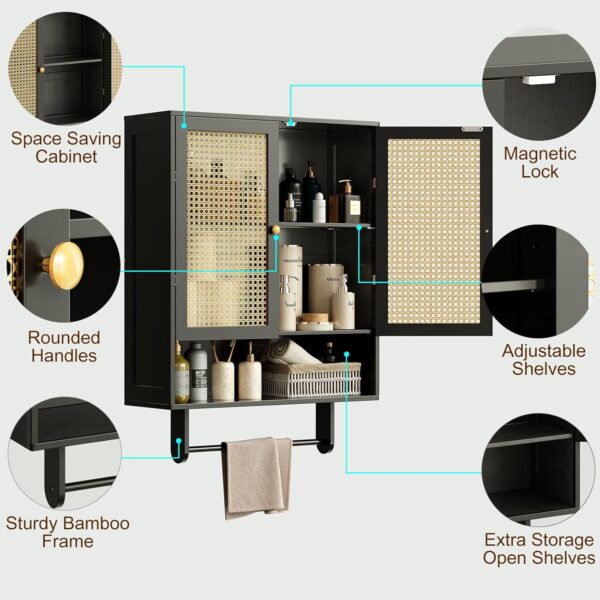 Bathroom Wall Cabinets, Bamboo Medicine Cabinets with Adjustable Shelves, Wall Mounted Bathroom Storage Cabinet, 2 Doors Over The Toilet Storage for Bathroom, Kitchen, Entryway, Black