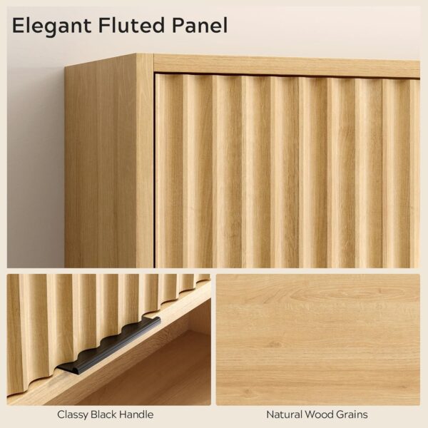 Fluted Wall Cabinet Bathroom, Modern Medicine Cabinet with Sliding Door Adjustable Shelf Wood Storage Cabinet Wall Mounted for Kitchen Dining Room Living Room, Natural Oak
