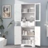 67" Tall Bathroom Storage Cabinet, Freestanding Linen Cabinet with Glass Doors and Shelves, Large Bathroom Pantry Cabinet with 2 Drawers for Living Room, Kitchen, Dining Room, Office, White