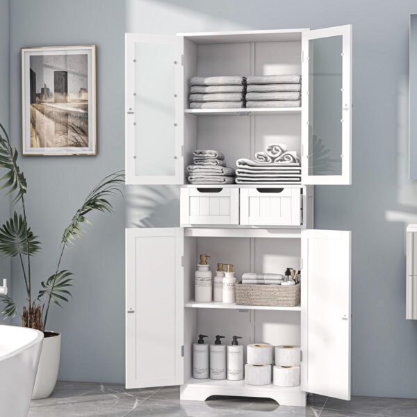 67" Tall Bathroom Storage Cabinet, Freestanding Linen Cabinet with Glass Doors and Shelves, Large Bathroom Pantry Cabinet with 2 Drawers for Living Room, Kitchen, Dining Room, Office, White