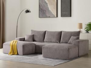 Sectional Modern Sleeper Sofa Couches for Living Room-113'' Grey 3 Seater U-Shaped Lounge Cloud Couch-No Assembly Modular Corduroy Convertible Sponge Compression Sofas with Chaise for Home House