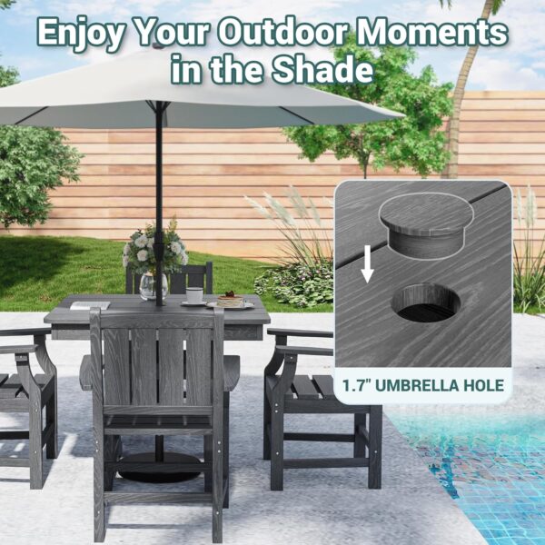 Pamapic 5 PCS Outdoor Dining Set, 450 LBS HDPE Outdoor Table and Chairs, Spacious Patio Dining Sets with Elegant Armrest, All-Weather Wood Grain Outdoor Dining Table with Umbrella Hole, Gray
