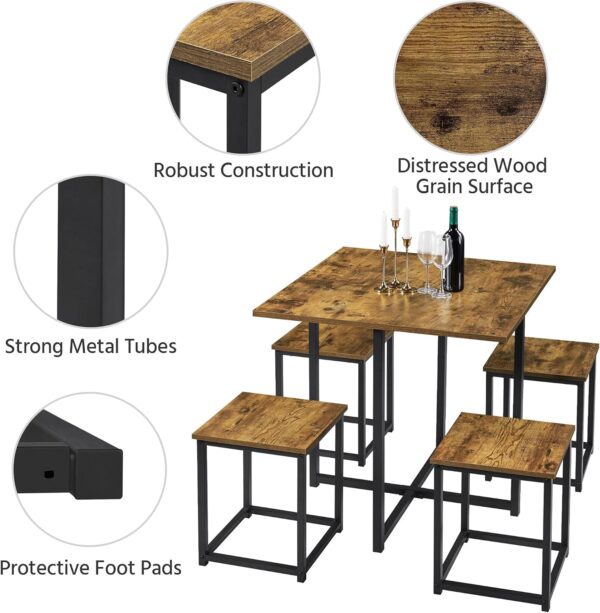 Yaheetech Industrial Dining Table Set for 4 Compact Kitchen Table and 4 Stools Space Saving Home Furniture for Small Space, Rustic Brown