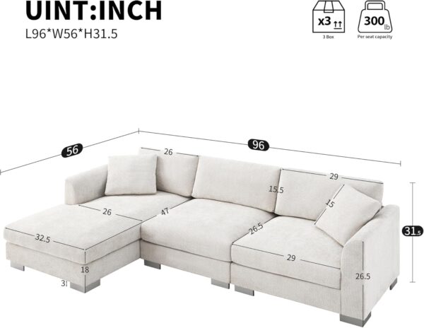 96 * 56" Modern Cloud Sectional Sofa,L-Shaped Luxury Couch Set with 2 Free Pillows,4-seat Chenille Indoor Furniture with Oversized Chaise for Living Room,Apartment,Office, Minsk Gray