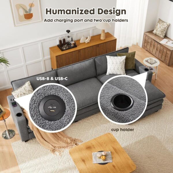 117" L Shaped Modern Sofa Modular Sectional Cloud Couch with Ottoman & Built-in Charging Ports & Cup Holders, 4-seat Deep Seat Sofa with Pillow for Living Room, Bedroom, and Apartment, Gray