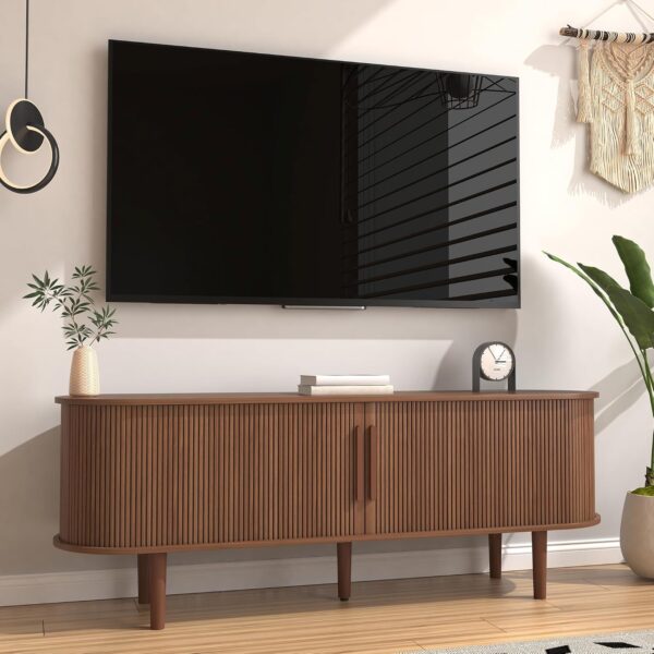 63'' TV Stand, TV Stands for Living Room, Entertainment Center with Storage and Sliding Door for 50/55/60/65 inch TV, Mid Century Modern TV Consoles Media Console Table for Bedroom(Walnut)