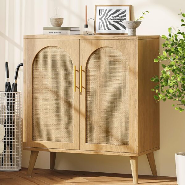 Rovaurx Rattan Storage Cabinet with Doors, Accent Bathroom Floor Cabinet, Modern Sideboard Buffet Cabinet for Living Room, Entryway, Dining Room and Kitchen, Natural BMGZ108M