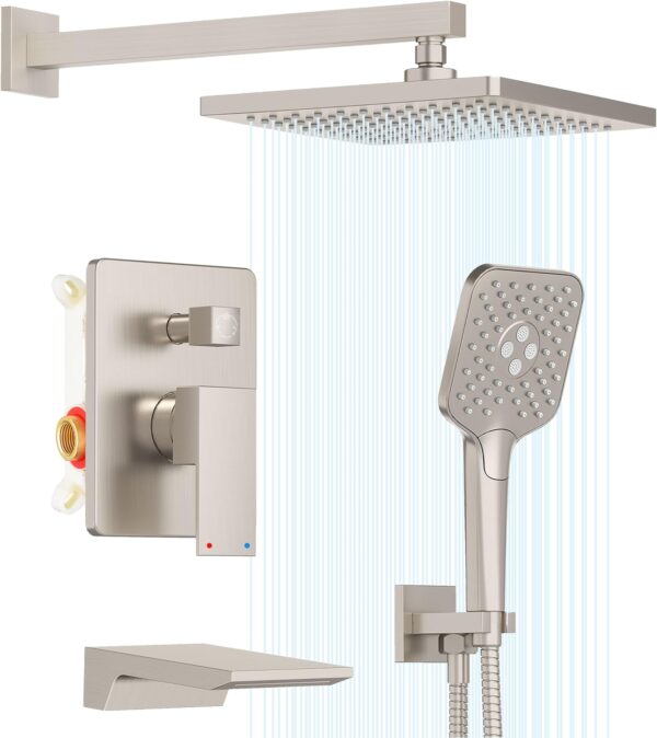 Gabrylly Shower System with Tub Spout, Wall Mounted Tub Shower Faucet Set for Bathroom with High Pressure 10" Rain Shower head and 3-Setting Handheld Shower Head Set,Brushed Nickel