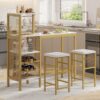 VECELO Bar Table and Chairs Set for 2, 3-Piece Dining Set with Storage Shelves, Cup Holder & Wine Rack, PU Leather Cushion Stools, for Kitchen Small Space, Gold