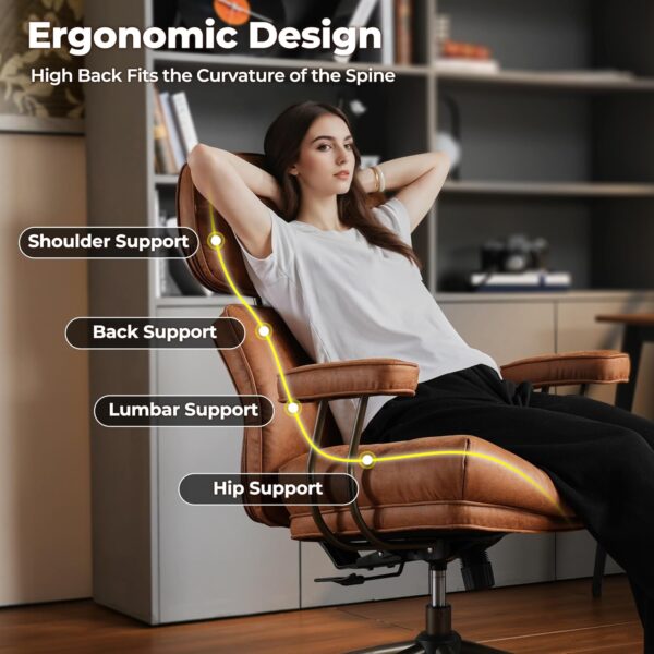 ovios Ergonomic Home Office Chair, Mid-Century Modern Leather Chair with Lumbar Support, High Back Swivel Rolling Executive Chair with Comfy Thick Cushion (Brown, Suede Leather)