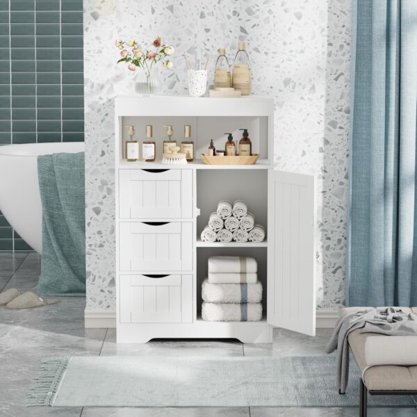 YESHOMY Bathroom Storage Cabinet Freestanding Floor Cupboard with 1 Door and 3 Drawers for Kitchen, Living Room, White