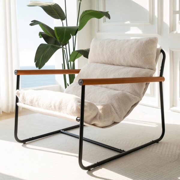 MAXYOYO Sherpa Accent Chair, Boucle Arm Chair Living Room Chair, Reading Accent Chair, Mid Century Modern Bedroom Chair,Teddy Armchair Wooden Arms Metal Frame