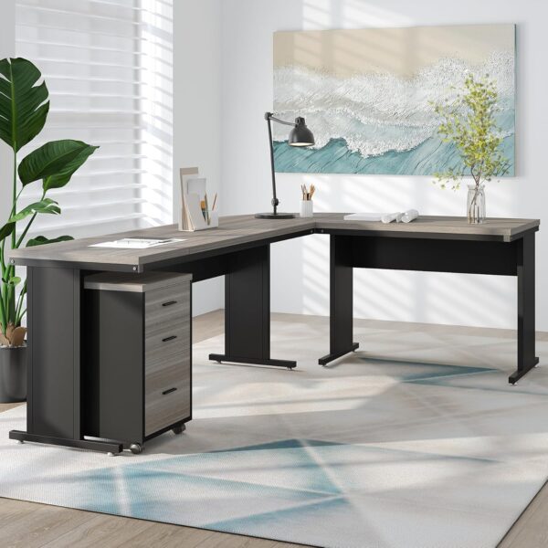 Tribesigns L-Shaped Executive Desk with File Cabinet, 83 Inch Large Corner Computer Desk with Drawers, Industrial Business Furniture Work Desk for Home Office (Gray)