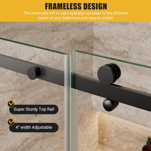 Shower Glass Door with Waterroof Seal Strip, Adjustable (56-60" W x 75 "H) Frameless Sliding Shower Door with Easy-Clean Coating SGCC Tempered Glass 5/16" (8mm), Stainless Steel Hardware, Black